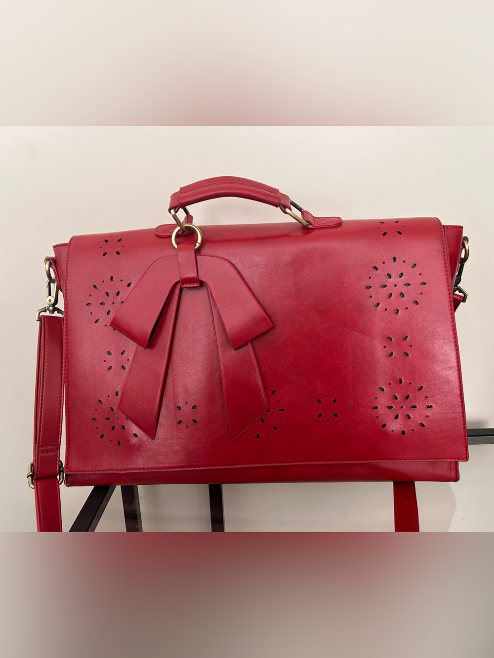 Red Leather Bow-Accent Crossbody Bag - Women's